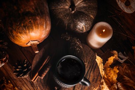 Autumn still life, pumpkins and dry leaves on rustic backgroundの写真素材