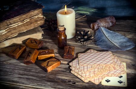 Magic book and witchery objects,  the practice of magic, enchantment, sorceryの写真素材