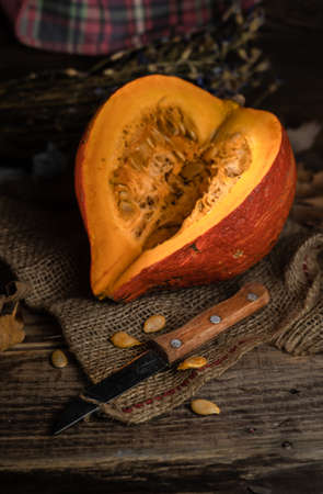 Fancy pumpkins on wooden background, autumn still lifeの写真素材