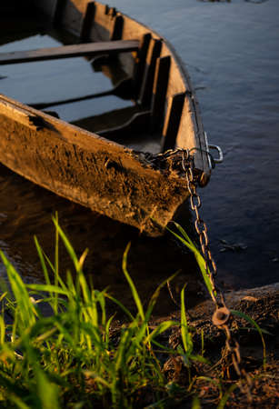 Old wooden boat near the Ukrainian Desna river, close up shotの写真素材