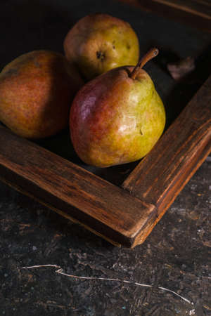Autumn pears on the dark rustic backgroundの写真素材