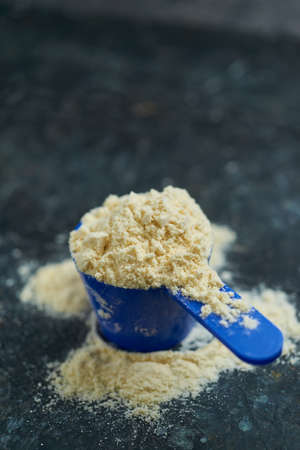 Protein powder, a full scoop of whey protein powder, sport nutrition for athletes and bodybuildersの写真素材