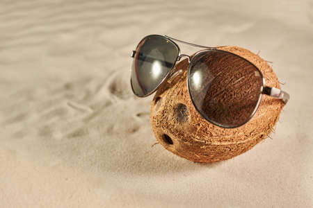 Coconut with a sun glasses on a sandy beachの写真素材
