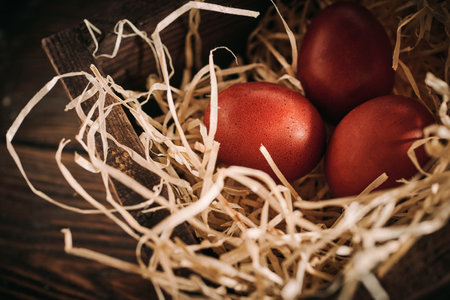 Chicken eggs, raw surface, rural still life, Easterの写真素材
