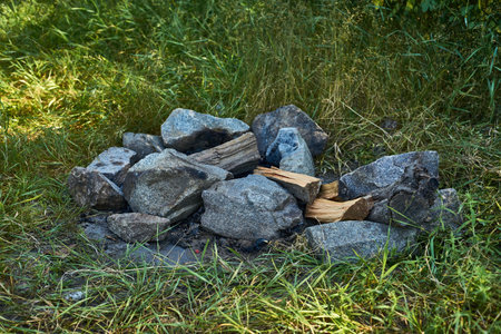 Camping fire in the forest on a sunny summer day. Camping concept.の写真素材