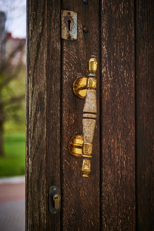 Wooden door with brass handle and lock. Close up shot.の写真素材