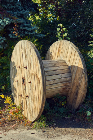 Wooden round fence. Background with copy spaceの写真素材