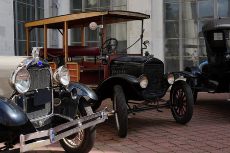 Vintage cars at the exhibition of old cars in Kyiv, Ukraineの写真素材