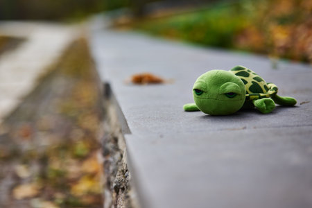 toy turtle lying on the sidewalk in the autumn park, selective focusの写真素材