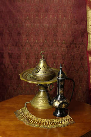 traditional turkish lamps censer on a red background. still life in turkish Muslim ottoman oriental style. symbol of islamの写真素材