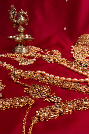 Indian traditional bronze oil lamp in the shape of a bird and gold Indian female jewelry on the red sari background. traditional Indian religious ceremony of Hindusの写真素材