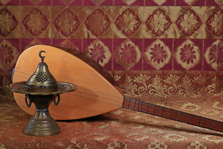 Traditional Turkish lamps, incense burner, national musical instrument baglama saz. symbol of islam....