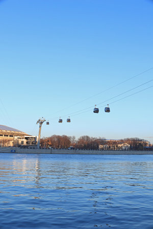 Moscow, Russia October 31. Panoramic view of the Moscow River, the cable car. Luzhniki Sports Complex.のeditorial素材