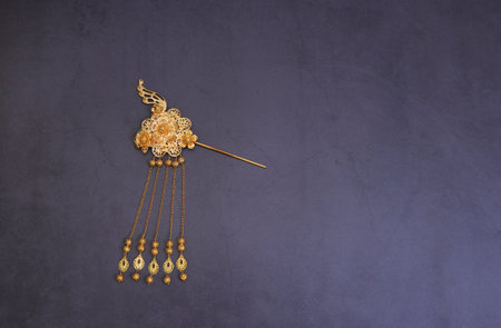 Chinese hairpin hair clips on a gray concrete background. Chinese traditional jewelry.の写真素材