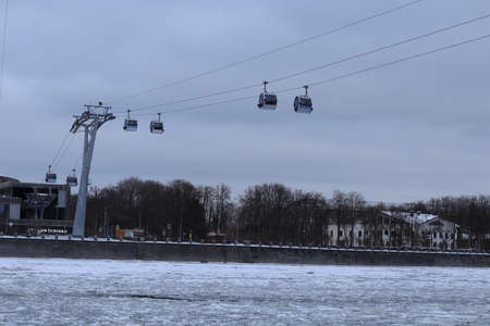 Moscow, Russia, January 1, 2022. Panoramic view of the Moscow River, the cable car. Luzhniki Sports Complex.のeditorial素材