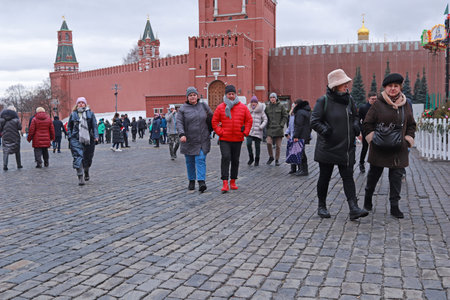 Moscow, Russia. February 23, 2022. People are walking on Red Square. Kremlin.のeditorial素材