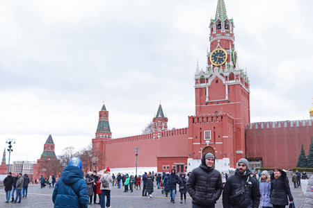 Moscow, Russia. February 23, 2022. People are walking on Red Square. Kremlin.のeditorial素材