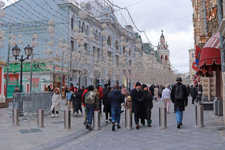 Moscow, Russia. February 23, 2022. People walk on Nikolskaya Street.のeditorial素材