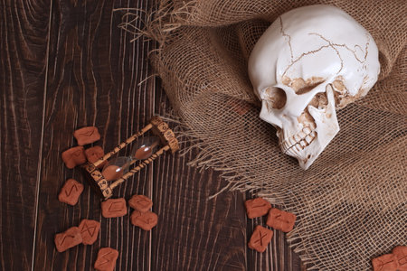 still life in Gothic Halloween style. runes, a skull, an hourglass with runic signs. The table of a witch, an alchemist, a magician.の写真素材
