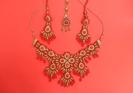 Traditional Indian jewelry is gold with red gems. Necklace, earrings, tika.の写真素材