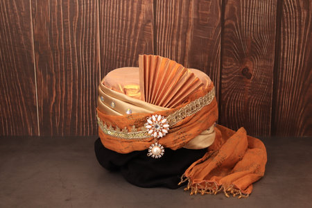 indian, arabic, turkish male headdress turban. traditional wedding clothing.の写真素材