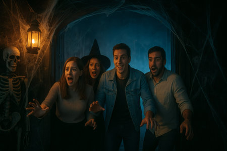 Happy group of friends in halloween costumes having fun at nightの素材