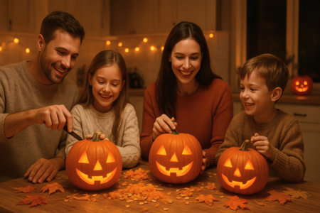 happy family carving pumpkin for halloween at home in the eveningの素材