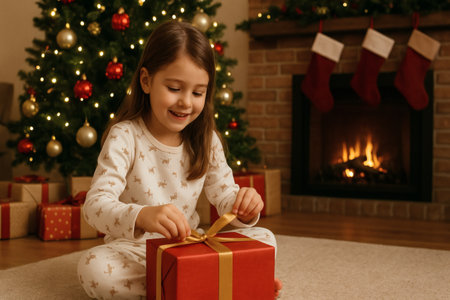 Cute little girl opening gift box in front of fireplace at homeの素材