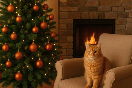 Cute ginger cat sitting near Christmas tree in living room at homeの素材