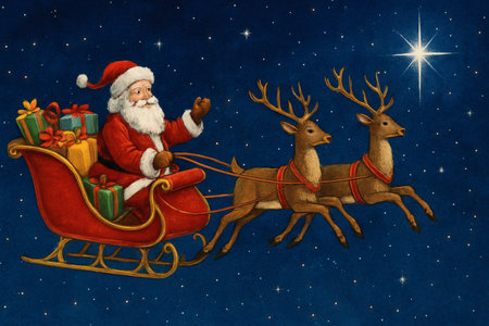 cartoon scene with santa claus on sleigh with reindeer and presents - illustration for childrenの素材