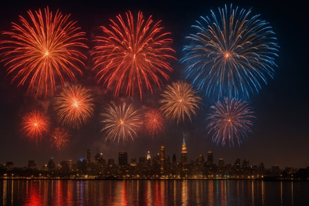 New York City Manhattan skyline with colorful fireworks over Hudson River, USAの素材