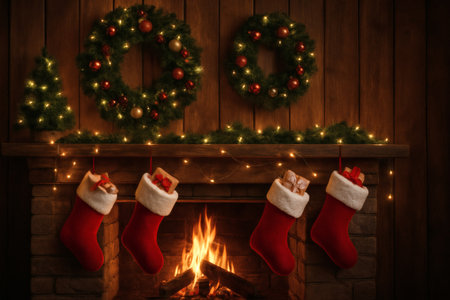 Christmas or New Year background with fireplace, fir tree branches and Christmas socksの素材