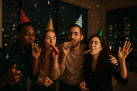 Group of friends celebrating birthday and blowing party whistles in night clubの素材