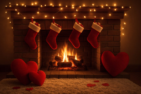 Christmas socks on the floor in front of a fireplace with red heartsの素材