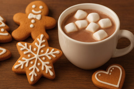 Cup of hot chocolate with marshmallow and gingerbread cookies on wooden backgroundの素材