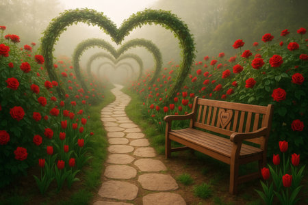 Wooden bench in the rose garden with heart shape made of flowersの素材