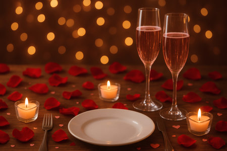 Valentine's Day background with two glasses of champagne, plate and rose petals on wooden tableの素材