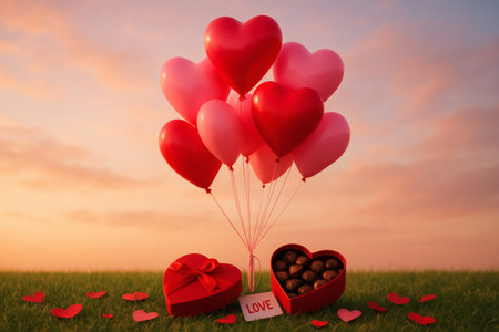 Valentine's day background with heart shaped balloons on green grassの素材