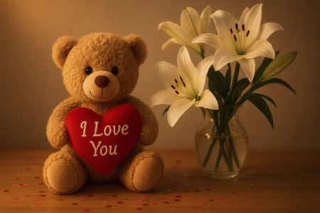 Teddy bear with red heart and lily flowers on wooden backgroundの素材