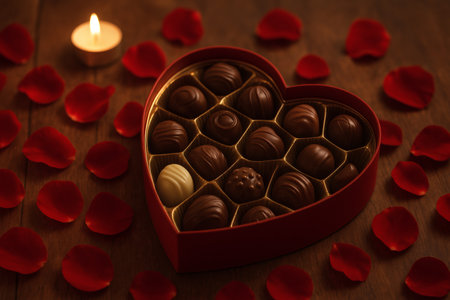 Heart-shaped box of chocolates and rose petals on wooden backgroundの素材