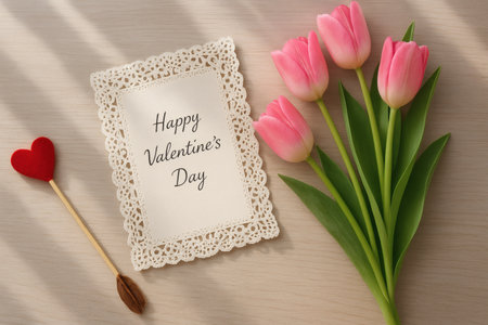 Happy Valentines Day greeting card with pink tulips on wooden backgroundの素材