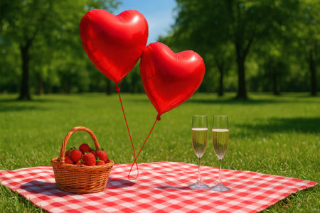Two glasses of champagne, strawberries and heart-shaped balloons on a picnic in the parkの素材