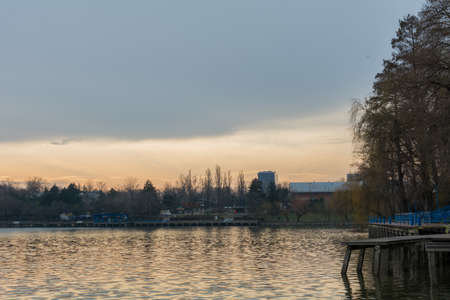 Sunset in Herastrau Park in Romania in spring timeの写真素材