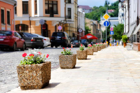 city street to the sidewalk where there are flowersの写真素材