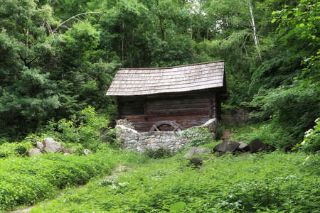 Old abandoned mill stands on a glade surrounded by birch forest. Stones lie around the mill, the glade overgrown with nettlesの写真素材
