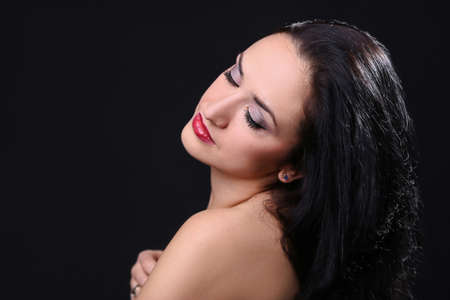 portrait of young girl with black hair European appearanceの写真素材