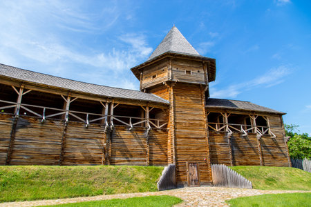 wooden fortifications. Baturin Fortress - Fortress in Baturin, Chernigov region, Ukraine. Built in 1625 on the bank of the river Seimのeditorial素材