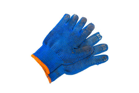 a pair of torn blue gloves on a white background