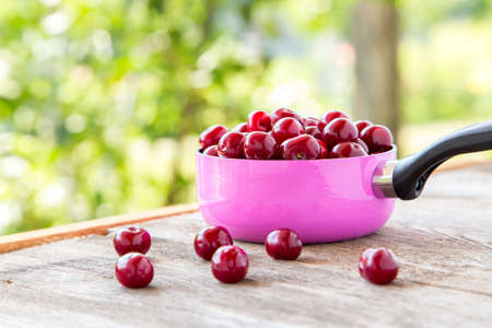 ripe cherries in a pan on a wooden table against the background there are treesの写真素材