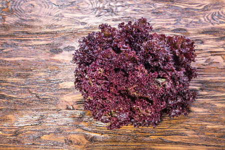 healthy eating, low-calorie product. red lettuce letuk taralke in clay on wooden table, top view